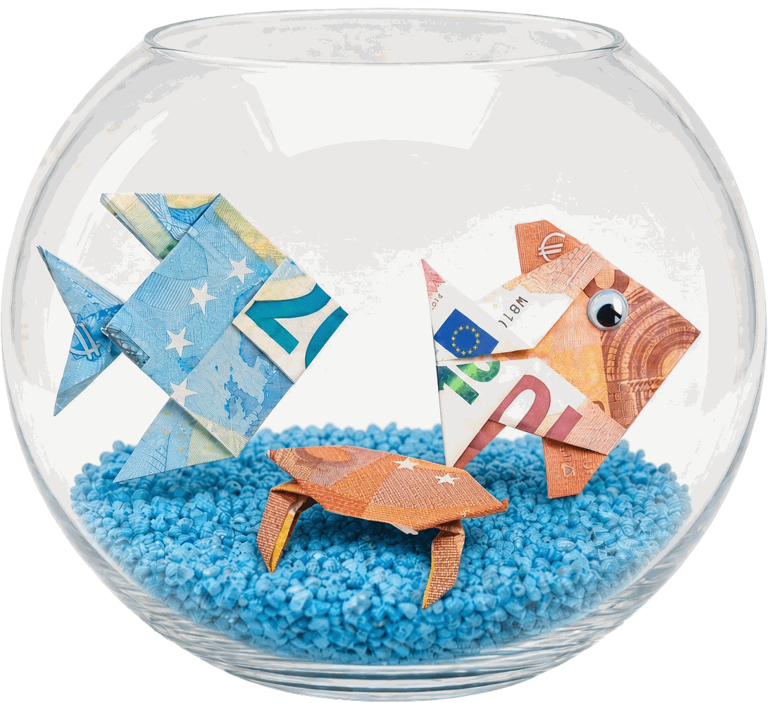 Goldfischglas mit blauem Dekogranulat, darin zwei aus Geldscheinen gefaltete Fische und eine gefaltete Krabbe