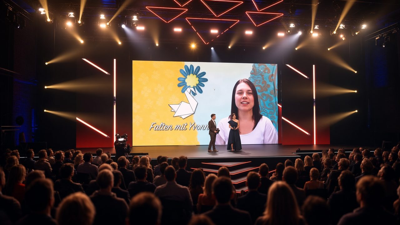 „Falten mit Yvonne“ auf der Bühnenleinwand beim YouTube Goldene Kamera Digital Award 2019